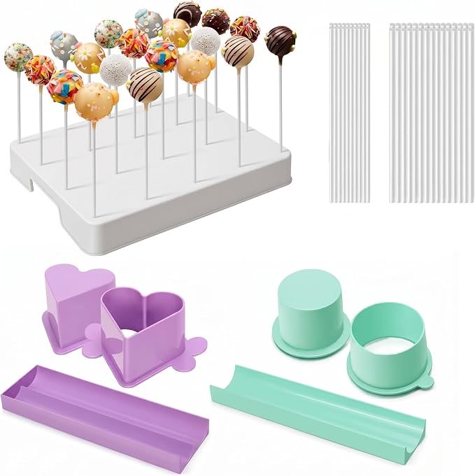 Cake Pop Making Kit with 2 Cake Pop Molds and Stand | Includes tray, sticks, and ABS cutter & pusher. Perfect for making cake pops for parties, weddings, and homemade desserts.