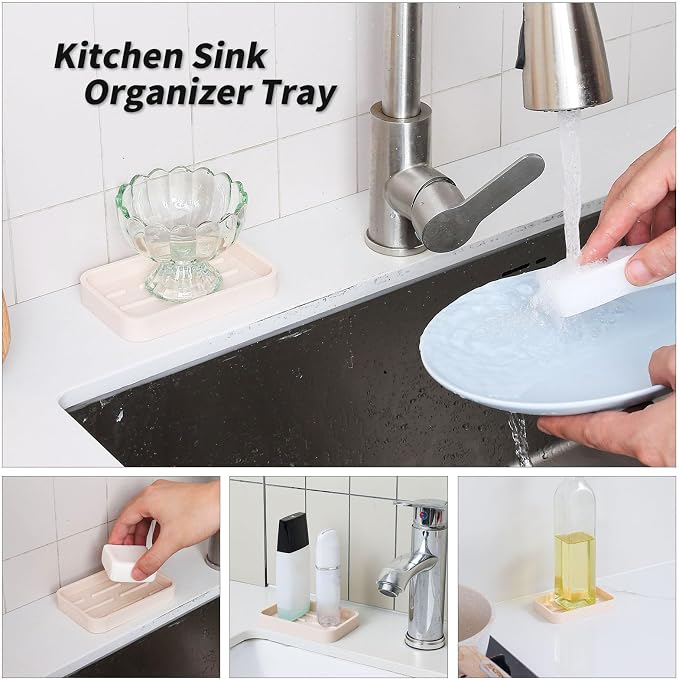MicoYang Silicone Kitchen Sink Organizer Tray for Multiple Usage,Easy Clean Sponges Holder for Kitchen Bathroom Counter or Sink,Dish Soap Dispenser,Scrubber,Bottle,Cup Tapioca 4.9”x 3.2”