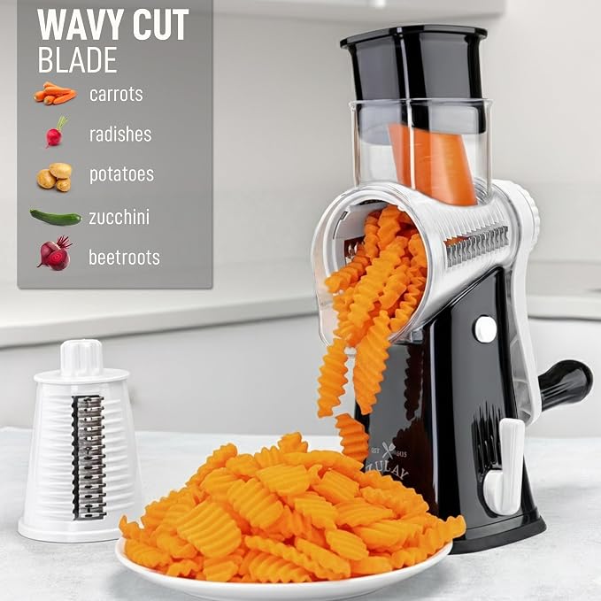 Zulay Kitchen Rotary Cheese Grater 5 Blade Cheese Shredder - Manual Hand Crank Cheese Grater With Reinforced Suction & 5 Interchangeable Drums - Easy to Use, Vegetable Chopper Round Mandoline Slicer
