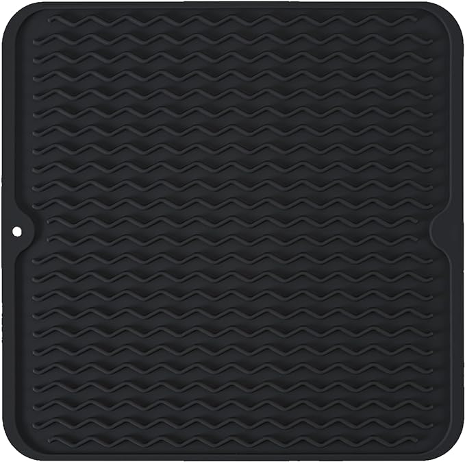 Silicone Dish Drying Mat, Non-Slip Easy Clean Sink Mat Large Heat-resistant Dish Drainer Mat for Kitchen Counter, Sink, Refrigerator or Drawer liner (12" x 12", BLACK)