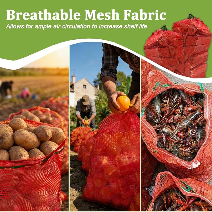 10Pcs 31''x20'' Extra Large Mesh Produce Bags, Red Storage Bag for Onions | Heavy-Duty Mesh Bags,Holds Up to 33 lbs for Storing Onions, Potatoes, Fruits, Crawfish, Seafood and Firewood Storage