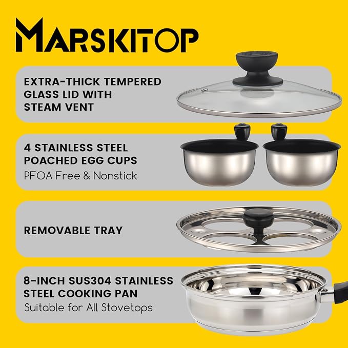 MARSKITOP Egg Poacher Pan Nonstick 4 Eggs, Poached Egg Pan Stainless Steel Poached Egg Cooker, Egg Poaching Pan PFOA Free, Poached Egg Maker with Nonstick Poached Egg Cups