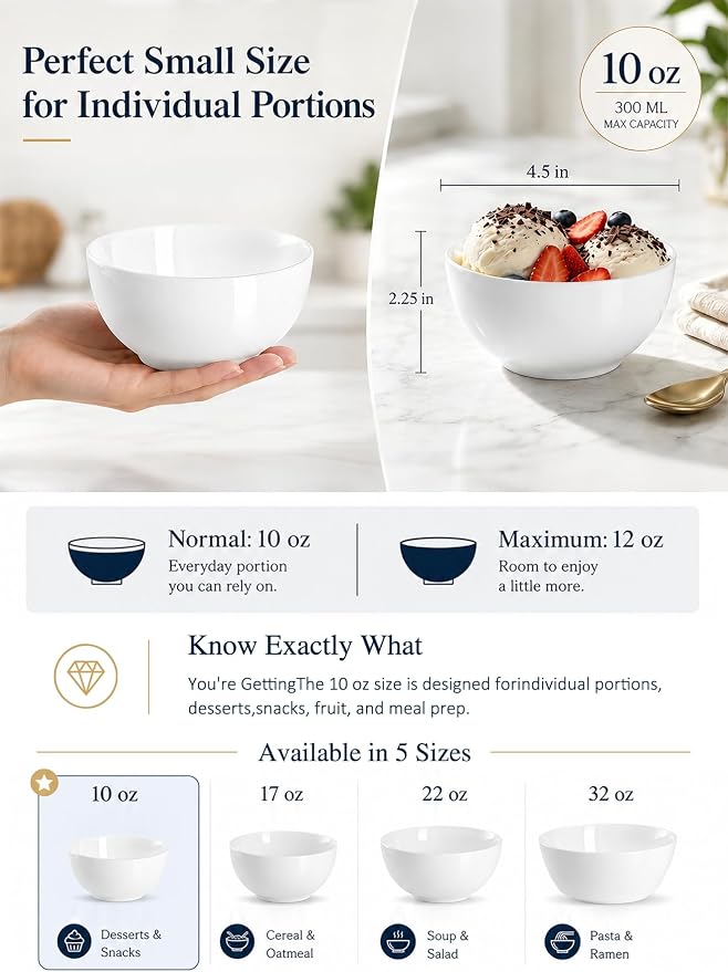 Small Bowls Set, White Ceramic Bowls of 6, 10 oz Porcelain Bowl for Kitchen Dessert Rice Side Dish Snack Soup Fruits Cereal Ice Cream, Microwave Dishwasher Freezer Oven Safe Easy Clean Stackable | Porcelain Bowls, Portion Control, for Soup Cereal Ice C...