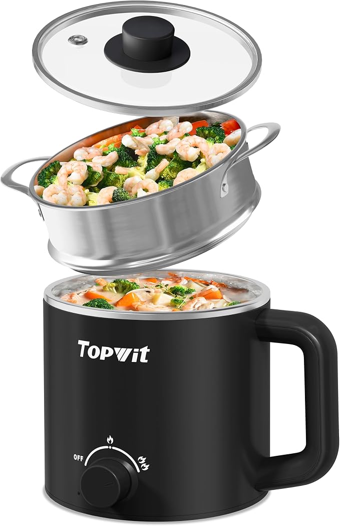 Topwit 1.6L Electric Pot, Stainless Steel Ramen Cooker with Steamer | Dual Power Setting, Cooking for Hot Pot, Pasta, Oatmeal, Soup & Egg, Overheat & Boil-Dry Protection, for Dorm & Office