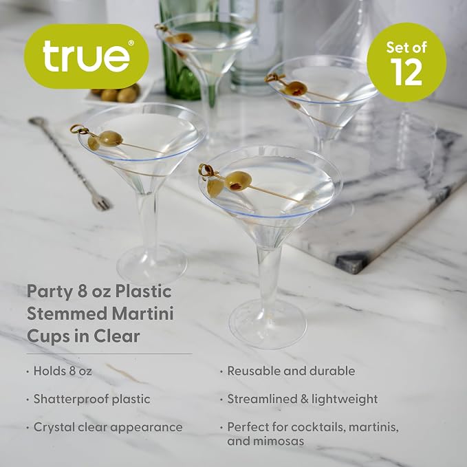 True Party Disposable Plastic Martini Glasses - Stemmed Clear Cocktail Cups for Outdoors, Parties - 8oz Set of 12