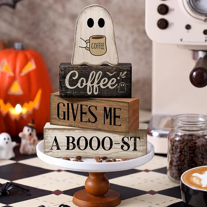 Lineshading 4 Pcs Halloween Tiered Tray Decor, Wooden Ghost Coffee Blocks | Rustic Farmhouse Table Decorations, Stackable Wood Blocks with Boo-st Coffee Theme, Gift for Home Kitchen Seasonal Display