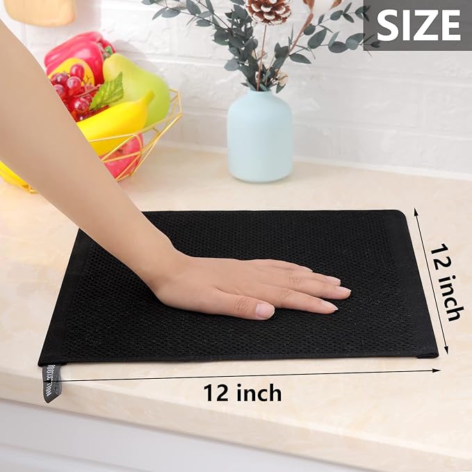 Homaxy 100% Cotton Waffle Weave Kitchen Dish Cloths 12-Pack, Black | 12 x 12 Inches, Ultra Soft Absorbent Dish Towels, Quick Drying Dish Rags with Hanging Loop