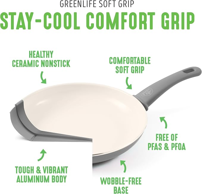 GreenLife Non Stick Fry Pan Set (7" & 10"), Non-Toxic PFAS-Free Ceramic Skillets, Dishwasher & Oven Safe, Egg Omelet Frying Pans, Stay- Cool Handles, Kitchen Home Cooking Essentials, Gray