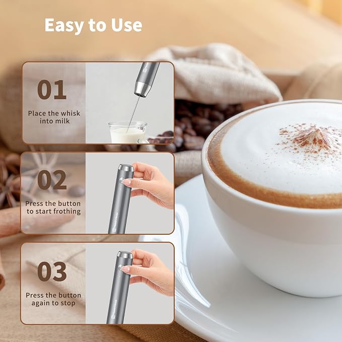 Maestri House LunaFro Rechargeable Milk Frother,Stand & 2 Detachable Whisks | 8000RPM Turbo Motor, 1200mAh lithium battery, Handheld Milk Frother for Lattes, Cappuccino, Matcha & Powdered Supplements