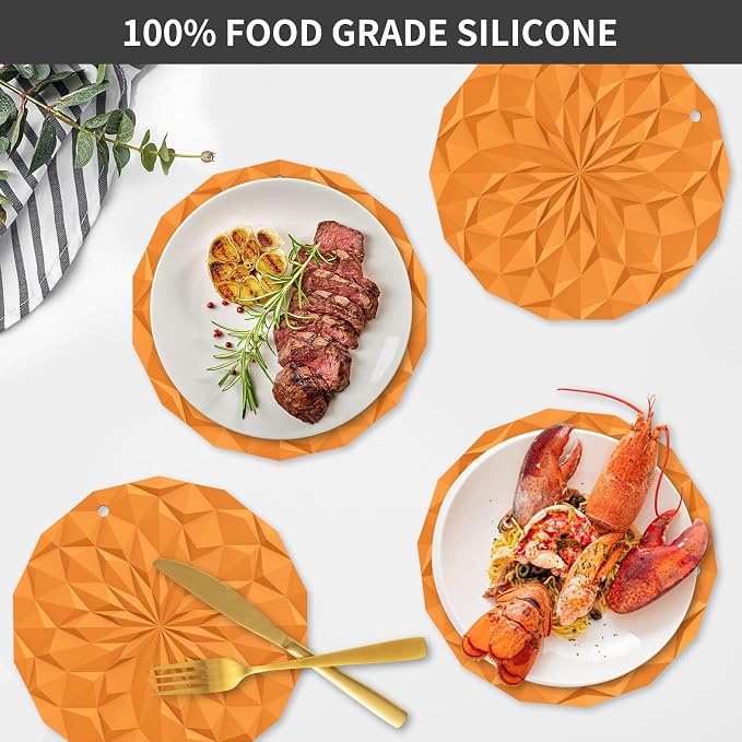 ME.FAN Silicone Trivet Mats - 4 Pack Pot Holders - 7.4'' Thickened Hot Pads for Hot pots, Pans and Dishes, Heat Resistant Silicone Trivet for Table and Counter Top Orange
