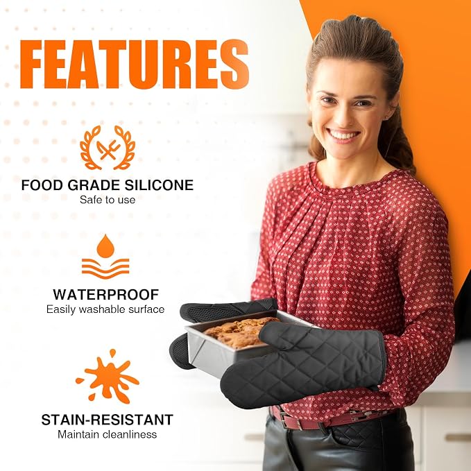 Silicone Oven Mitts, Heat Resistant 2PCS Oven Mitts with Soft Cotton Lining, Waterproof Non-Slip Grip Oven Glove, Kitchen Potholder Mits for BBQ, Baking, Cooking, 10.5Inch - Dark Black