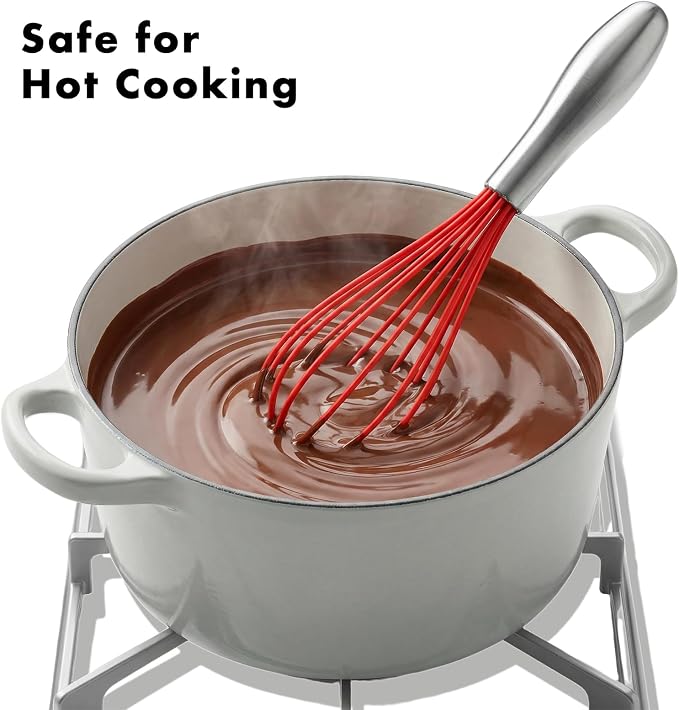 OYV 10-Inch Red Silicone Whisk, Non-Scratch, 18/10 Stainless Steel Handle | 480°F Heat Resistant, BPA-Free Silicone, Sealed Waterproof Handle, Nonstick-Safe, Dishwasher Safe