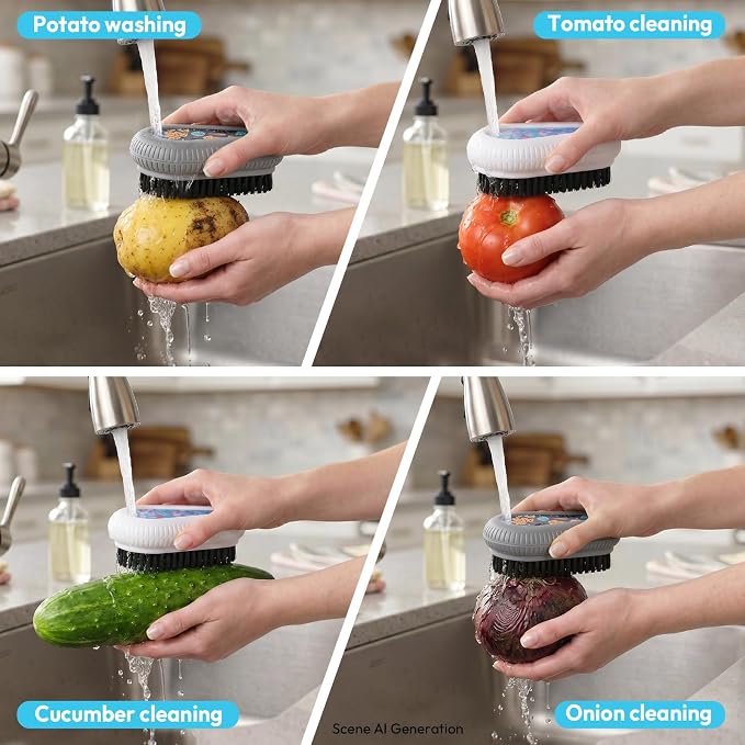 Fruit and Vegetable Brush, Multi-Purpose Produce Scrubber Brush with Non-Slip Handle & Hanging Loop