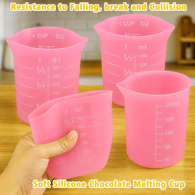 Palksky Silicone Cups for Melting Chocolate, 4PCS Pink Silicone Measuring Cups with 1 Cup & 1.5 Cup Capacity, Reusable Baking Supplies for DIY Chocolate Molds, Melting Chocolate