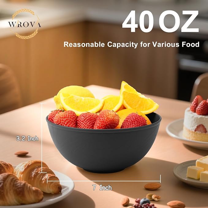 Black Cereal Bowls 40oz for Cereal Lover,Unbreakable Alternative Plastic Bowls Set of 6,Extra Thick Anti-Scald Bowl Sets suitable for Salad,Soup and Fruit.