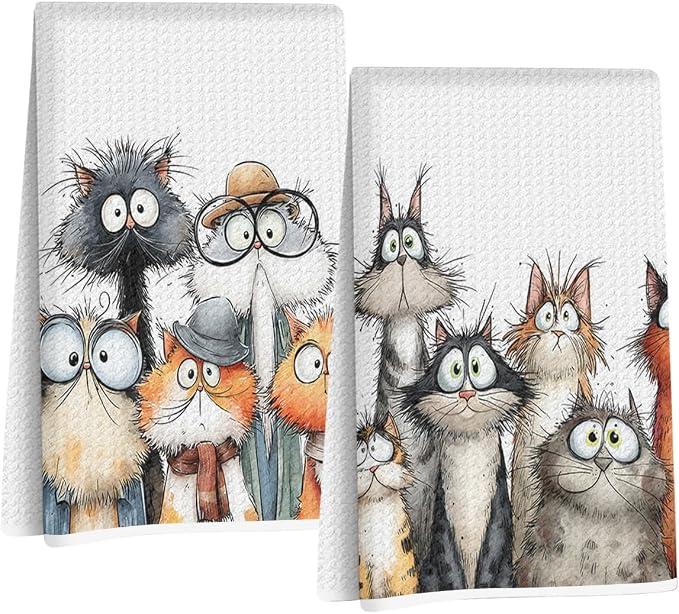 2 Pcs Cute Cat Kitchen Towels, Funny Cats Gifts Absorbent Hand Towels-03 | Cat Dish Cloths for Drying Dishes, Cats Waffle Dish Towels for Kitchen Home Bathroom Decor, Cat Lover Gifts for Women Mom