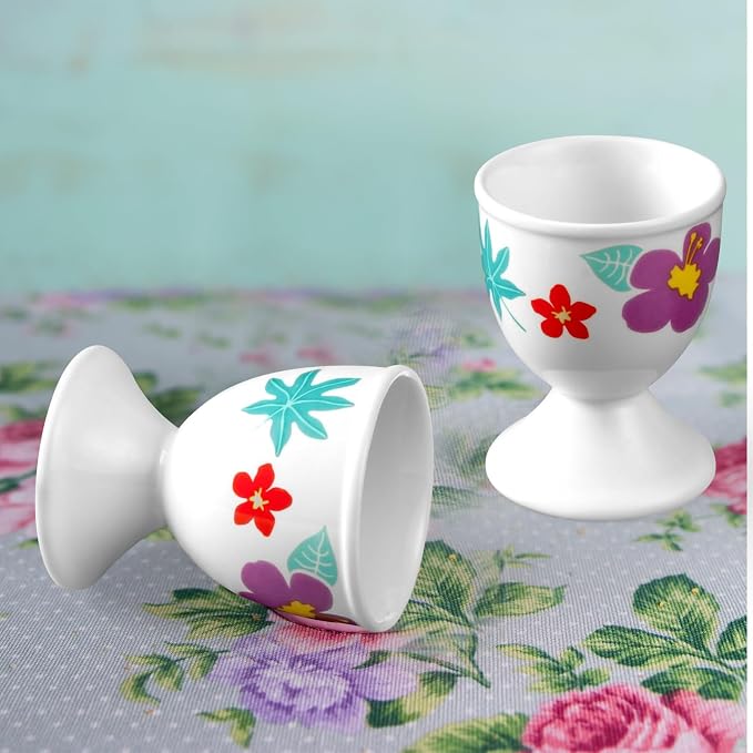 Cinf Easter Ceramic Egg Cups, Set of 2, Hawaii Flower Egg Holders | 2-piece ceramic egg cup set, festive floral design, easy to clean, perfect for boiled eggs, breakfast and Easter tables