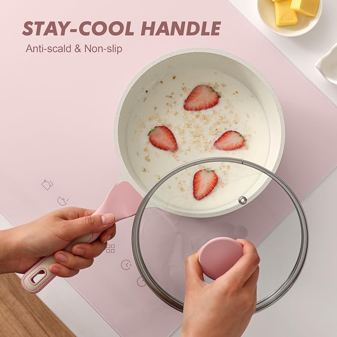 SENSARTE Ceramic Nonstick Saucepan with Lid 1.5 QT, PTFE/PFAS Free, Pink | Small Kitchen Cooking Pot with Stay Cool Handle, Induction Compatible, Ceramic Coating