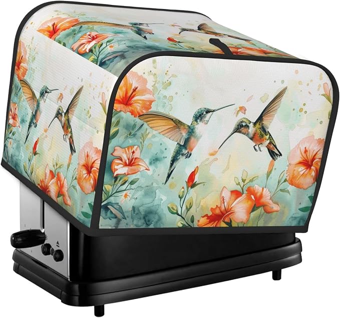 4 Slice Toaster Cover Hummingbird Flower Watercolor Dust Proof Washable Kitchen Appliance Cover with Pocket, Oxford Fabric Countertop Toaster Protector for Standard Toasters Small Appliances