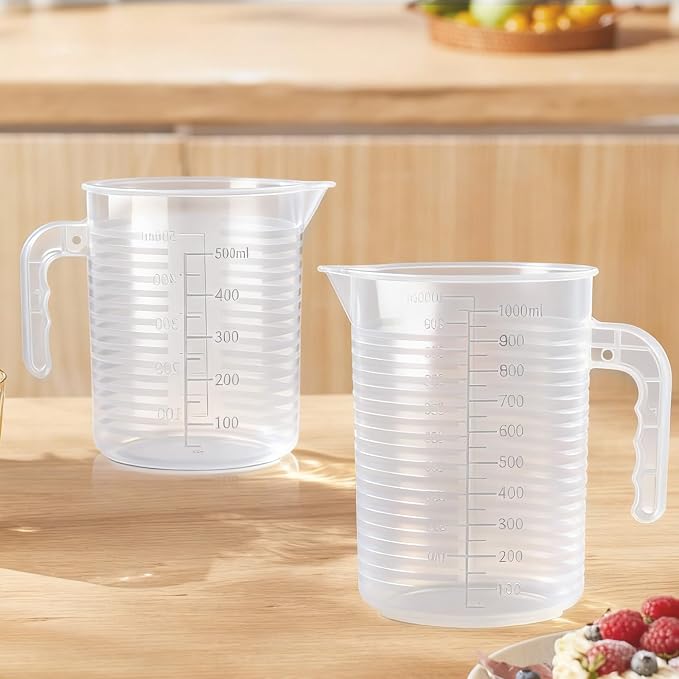 2 Pack Measuring Cup Set, 500ml and 1000ml | Plastic Liquid Measuring Cups- Baking, Cooking, Mixing Cups, Microwave and Dishwasher Safe Essential Kitchen Tools