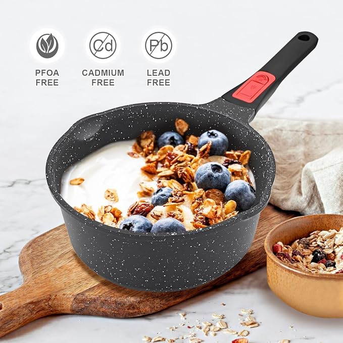2.5 Qt Nonstick Sauce Pan with Lid, Sauce Pot with Pour Spout, Black | Detachable Handle, Suitable for All Stoves, Including Induction, Oven Safe, PTFE & PFAS & PFOA Free