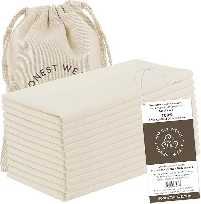 GOTS Certified 100% Organic Flour Sack Cotton Kitchen Hand and Dish Towel Sets - Extra Large 27x27 inches, Fully Hemmed, 12-Pack, Natural Tan