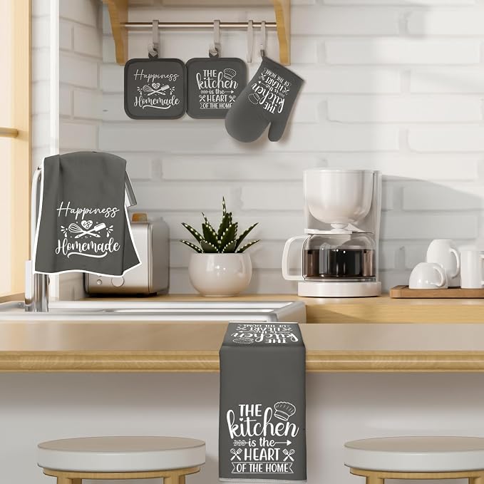 Sratte 6 Pcs Kitchen Decor Accessories Set, Kitchen, Dark Gray | Farmhouse Kitchen Towels Pot Holders Oven Mitts Set 2 Dish Towels 2 Potholders 2 Cooking Mittens for Baking Cooking Supply