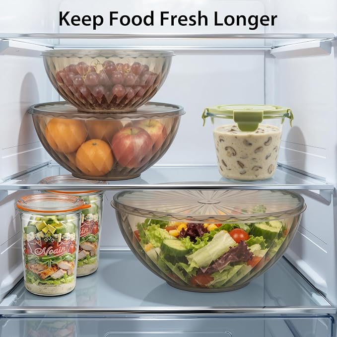 Plastic Mixing Bowls with Lids, 6 Piece Nesting Bowls Set for Kitchen | One-Press Lids, Meal Prep, Salad Mixing, Baking, Serving, Storing, Dishwasher & Microwave Safe, 5.3/3.2/1.9/1.2/ 0.6/0.3 QT