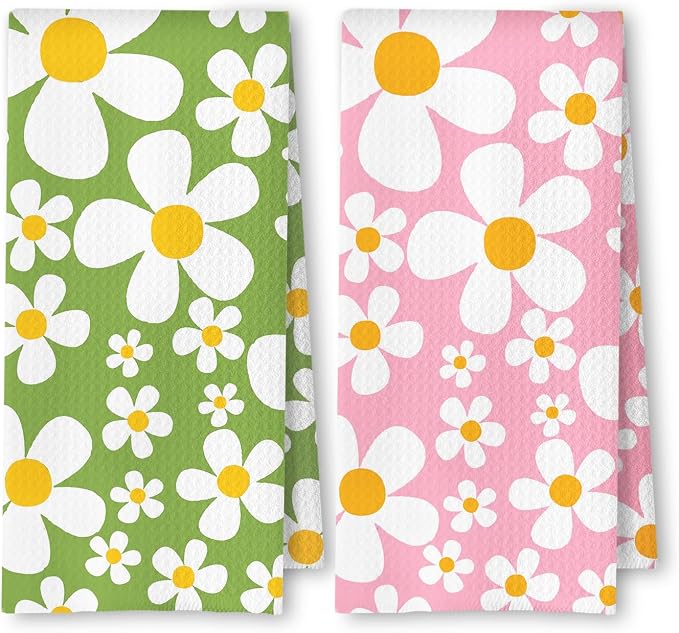 70s Retro White Daisy Floral Kitchen Towels Set of 2, Green and Pink Wildflower Dish Tea Towels for Kitchen Decor, Floral Aesthetic Decorative Hand Towels for Bathroom Decor, 16x24 Inches