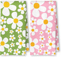 70s Retro White Daisy Floral Kitchen Towels Set of 2, Green and Pink Wildflower Dish Tea Towels for Kitchen Decor, Floral Aesthetic Decorative Hand Towels for Bathroom Decor, 16x24 Inches