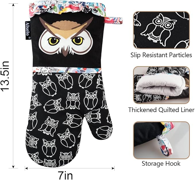 Alselo Oven Mitts, 7"x13.5", 1 Pair | Silicone, Printed, Kitchen Mittens
