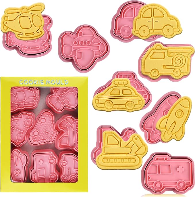 8 Piece Transportation Vehicle Cookie Cutters With Plunger Stamper | Transportation Theme Embossing Cutter For Fondant Biscuit Pastry Cheese Baking