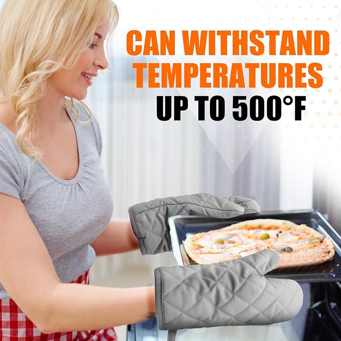 Silicone Oven Mitts, Heat Resistant 2PCS Oven Mitts with Soft Cotton Lining, Waterproof Non-Slip Grip Oven Glove, Kitchen Potholder Mits for BBQ, Baking, Cooking, 10.5Inch - Dark Grey