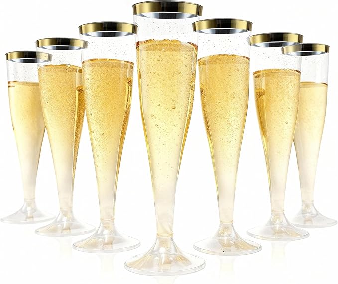 Bestluck 100 Pack 4.5 oz Gold Glitter Champagne Flutes Plastic | Plastic Disposable Stemware with Gold Rim, Disposable Champagne Flutes for Party, Mimosa Bar, Wedding, Anniversary