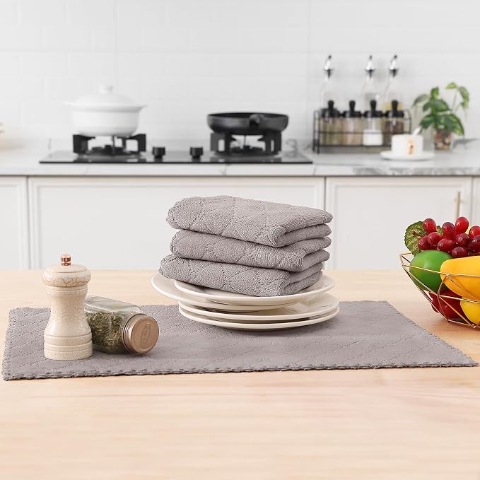 Homaxy 12 Pack Super Soft Absorbent Dish Towels, 10" x 20", Grey | Coral Velvet, Nonstick Oil Fast Drying Microfiber Cleaning Cloth, No Lint Dishcloths for washing and drying