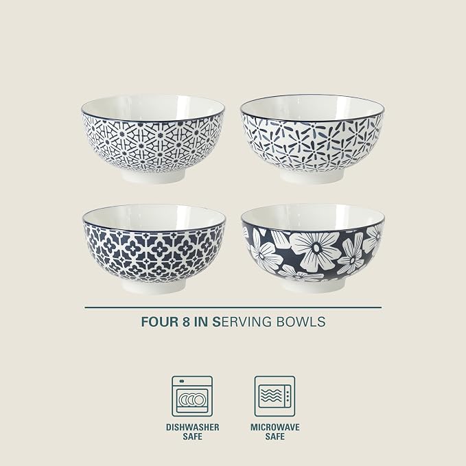 Gibson Home Castle Way 4-Piece Large Serving Bowl Set, 8 Inch Round Stoneware Bowls, Blue & White Assorted Pattern, Decorative Everyday Use