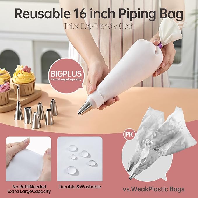 Reusable Piping Bags and Tips Set, 16inch Cotton Pastry Bags | 304 Icing Tips 1A 1M 4B 114 853 895 puff tip For Cake Decorating, Cupcakes, Cookies, Durable Baking Tool Kit