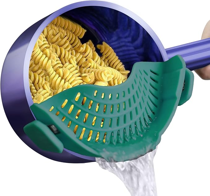 AUOON Clip On Strainer Silicone for Pots, Standard 8.86 x 3.55in, Sea Blue | Food-grade BPA-free, Fits Pots Pans Bowls, Dishwasher Safe, for Pasta Noodles Vegetable Fruits, Space-saving Kitchen Gadget