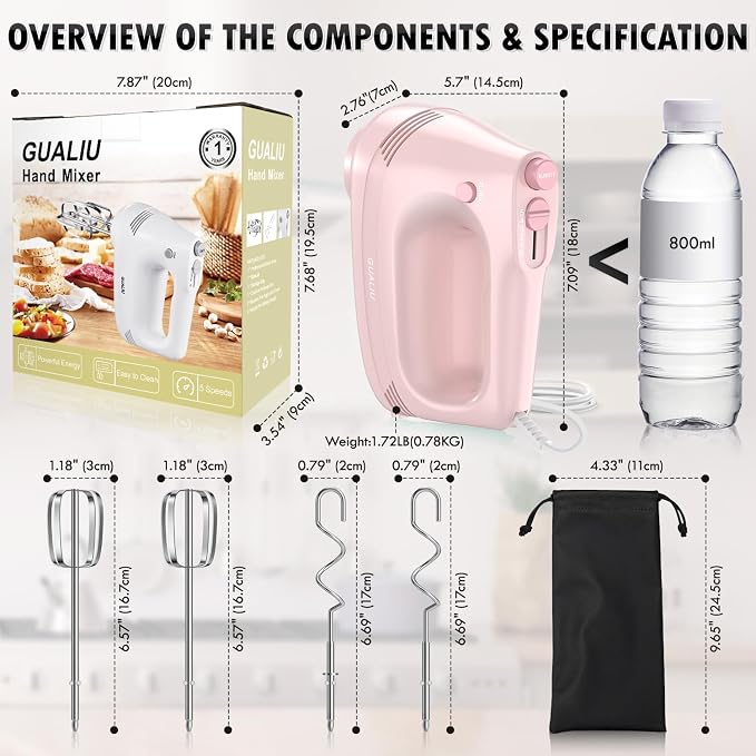 GUALIU Electric Hand Mixer, 304*(2* Beaters, 2* Dough Hooks), (1* Storage Bag) Handheld Mixer for Baking Cakes, Eggs, Cream Food Mixers, Turbo Boost /5 Speed Kitchen Blender PINK