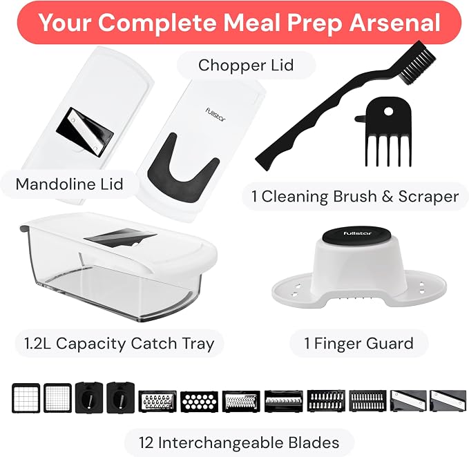 Fullstar Pro Original Vegetable Chopper & Mandoline Slicer Kitchen Gadget | 12 in 1 Veggie Slicer, Onion & Fruit Cutter with Sharp Stainless Steel Blades & Container, All-in-One Meal Prep Tool (White)