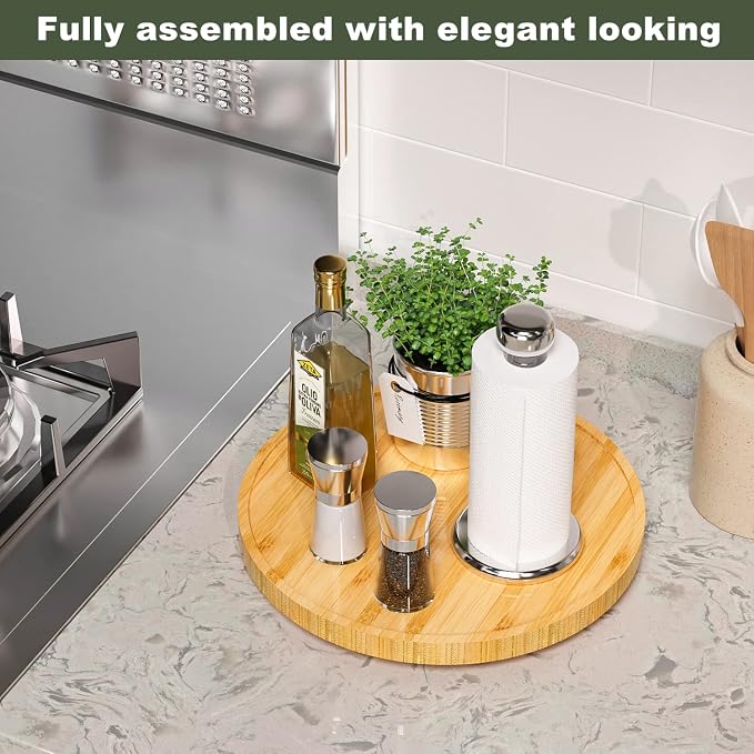 Lazy Susan for Table, 12 Inch Non-Skid Bamboo Turntable Organizer | Salt Pepper Spices and Olive Oil Next to Stove, Wooden Lazy Susan Organizer for Kitchen Countertop Organizer