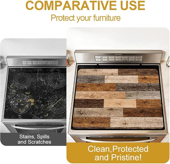 Reclaimed Wood Stove Top Cover for Electric Gas Glass Top Stove | Rustic reclaimed barn wood kitchen decor; non-slip stovetop cover, faux wood noodle board, glass cooktop mat, farmhouse