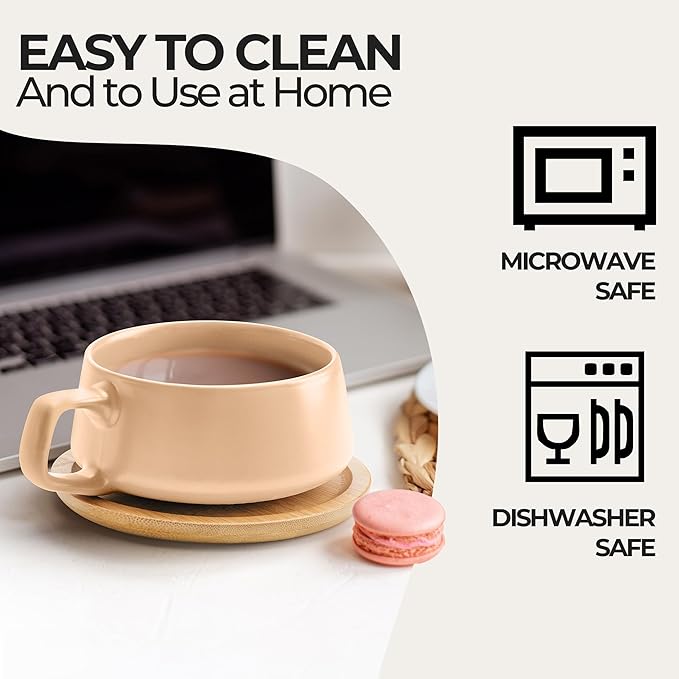 MIAMIO - Cappuccino Cup Set of 4, Ceramic (9.5oz) - Luxe (Beige Pastel) | Ceramic cappuccino cups and saucers, wide latte cups and mugs for Americano, 4-piece set of ceramic cups - dishwasher safe
