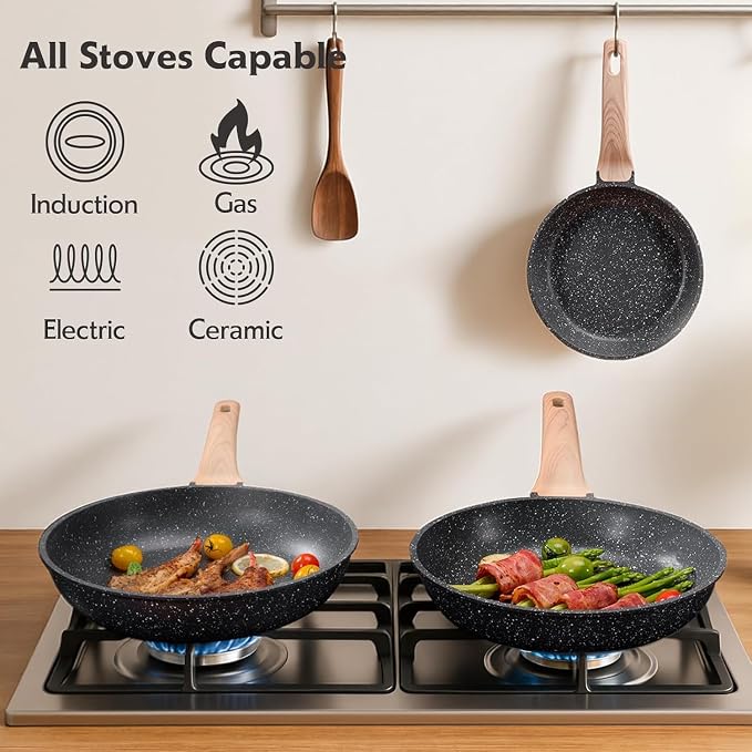 Roomena 12in Nonstick Frying Pan Skillet, Omelette Pan, Egg Frying Pan, Non Stick Granite Fry Pans with Heat-Resistant Handle, Requires Installation, PFOA Free Chef's Pan, Induction Compatible