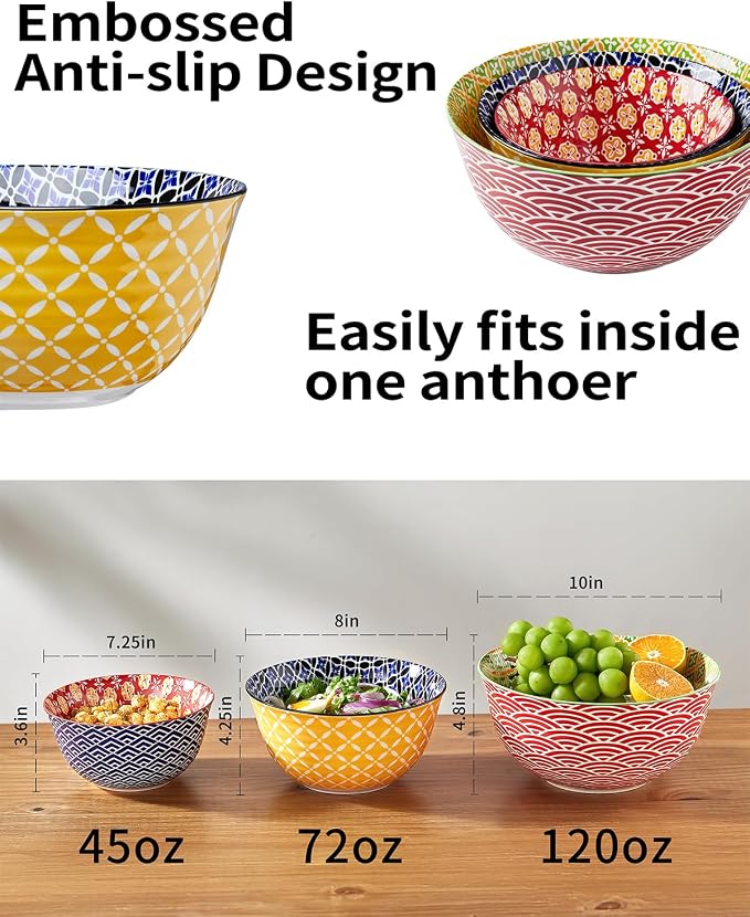 Metahom Ceramic Mixing Bowls for Kitchen, Colorful Nesting Bowls, Large Serving Bowls for Prepping, Baking, Mixing, Salad, Microwave Dishwasher Safe, 3.7/2.3/1.4 Qt, Set of 3