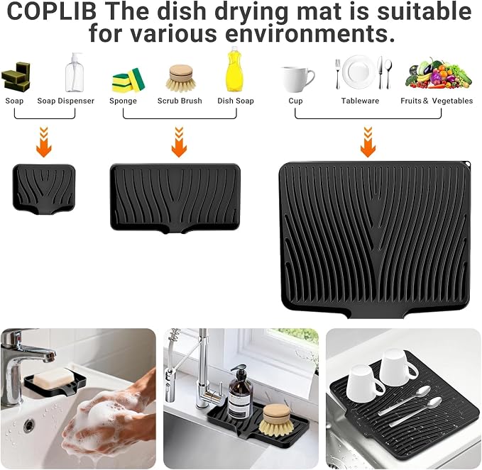 Silicone Dish Drying Mat for Kitchen counter | 15.8"x13" Dish Drainer Mat, Heat-Resistant Kitchen Counter Mat & Over-Sink Drying Tray, Can Be Hung, Black-1Set