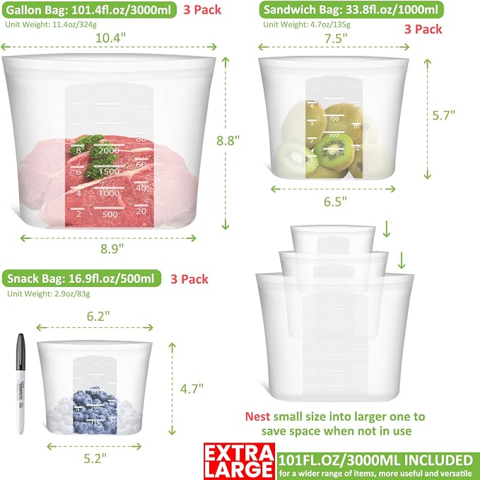 100% Silicone Reusable Storage Bag, 9 Pack Stand-Up Wide-Mouth Zip-Lock Food Storage Bags, Easy-Fill Easy-Open Easy-Clean Space-Saving, Microwave & Dishwasher Safe, Gallon/Sandwich/Snack, Translucent