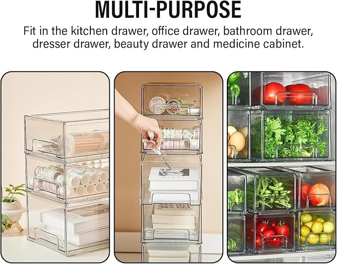 Clear Plastic Stackable Storage Drawers Bins, Perfect for Kitchen Pantry Organization and Storage, Under Sink Organizer, Pull Out Cabinet Organizer, Makeup, Bathroom Storage Containers for Organizing