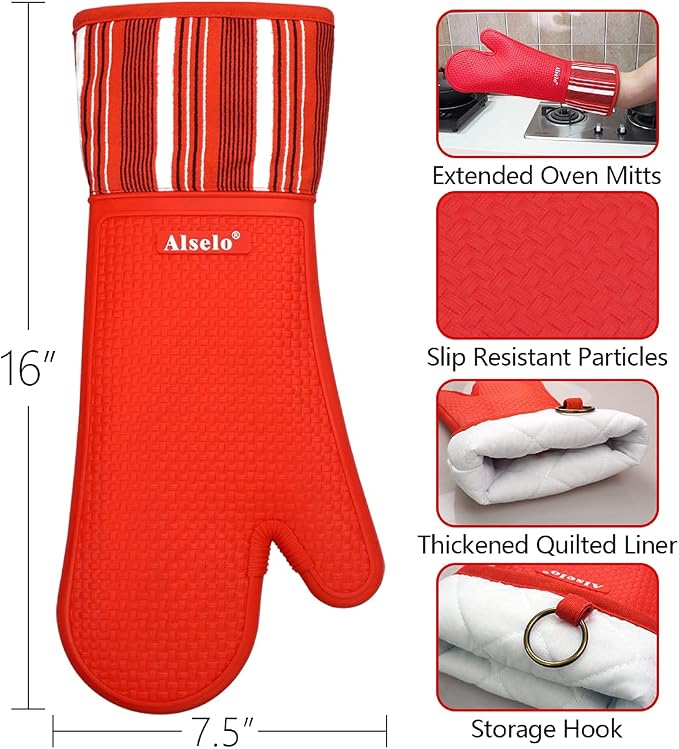 Alselo Silicone Oven Mitts Set, Heat Resistant 550 Degree,7.5"x16" | Extra Long Kitchen Mittens,Waterproof & Non-Silp Oven gloves for Baking Cooking Barbecue Microwave (Extra Long Red, 2)