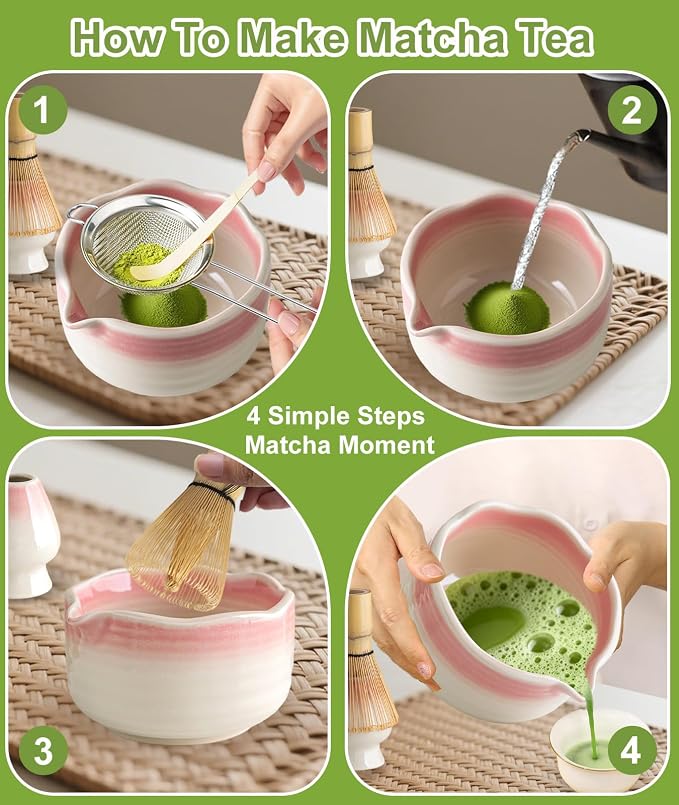 JBER Matcha Whisk Set, Ceramic Matcha Set Includes Bowl & Holder, Bamboo Whisk (Chasen), Sifter, Scoop, Spoon & Rest - 7PCS Matcha Kit Gift for Matcha Lovers & Beginners, Gradient Pink | Complete Matcha Kit Includes 17oz Bowl, Handmade Whisk 100 Prongs...